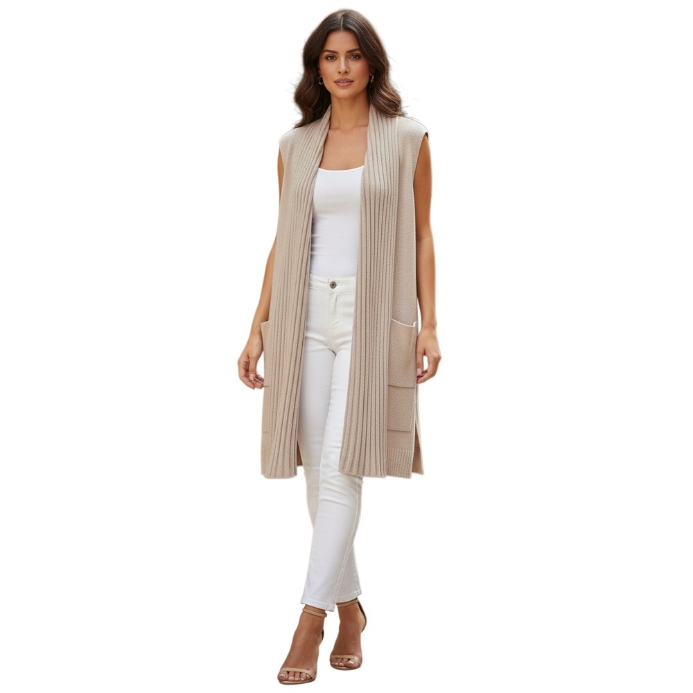 Lafayette 148 New York‎ 100% Wool Longline Vest Beige Leather Pocket Shawl L